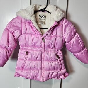 OshKosh B`gosh Girls Pink Puffer Jacket with Faux Fur Lining - Size 4
